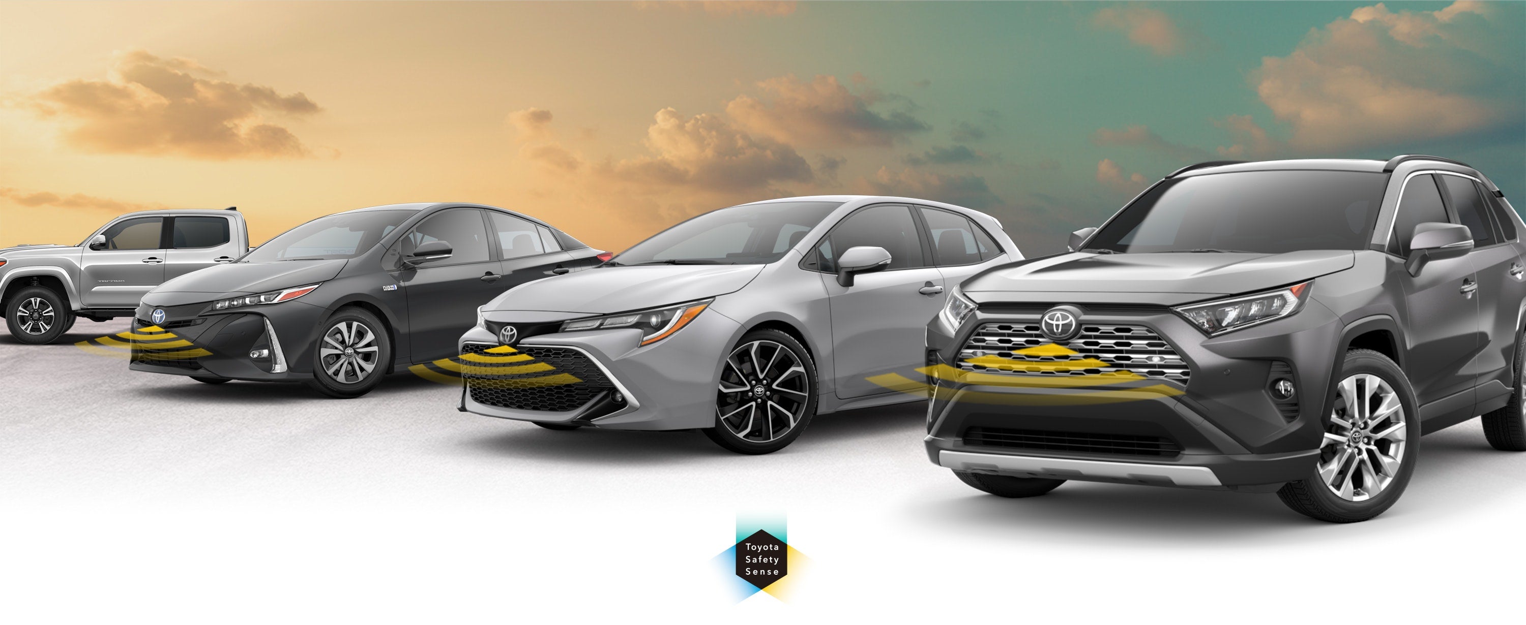 Toyota Safety Sense: Designed for Safety. Options shown on Toyota models including RAV4, Tacoma, and Camry, available now at Peterson Toyota in Lumberton NC.